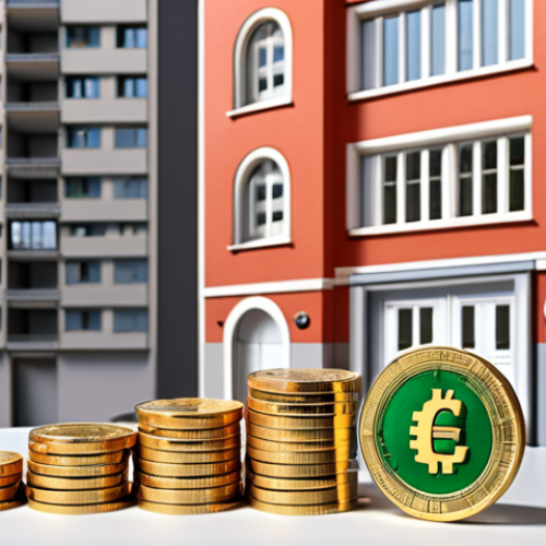 **A diverse investment portfolio showing index funds alongside gold coins, a modern apartment building (representing real estate), and stacks of Euros. The scene should subtly imply long-term financial security and inflation protection, perhaps with a faint upward trending graph overlayed.** (Focus: diversification for inflation protection)