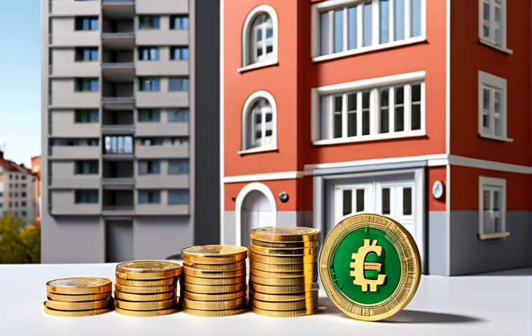 **A diverse investment portfolio showing index funds alongside gold coins, a modern apartment building (representing real estate), and stacks of Euros. The scene should subtly imply long-term financial security and inflation protection, perhaps with a faint upward trending graph overlayed.** (Focus: diversification for inflation protection)